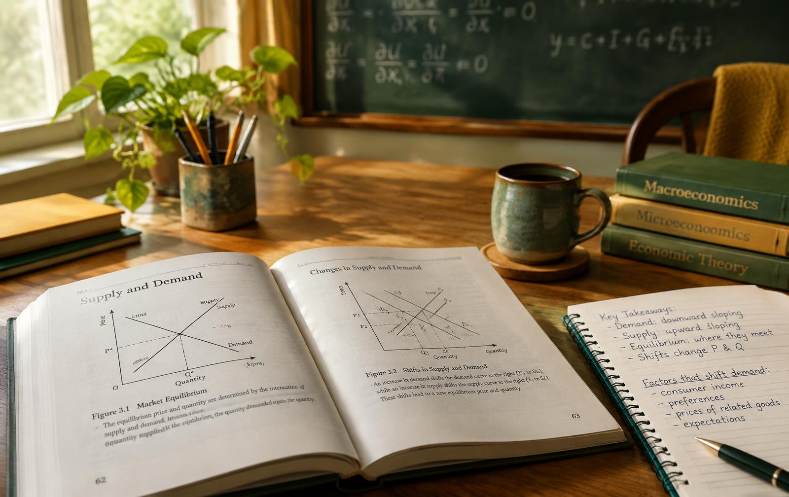 Economics textbook open to supply and demand graphs